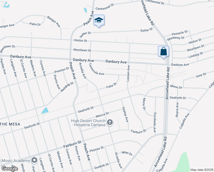 map of restaurants, bars, coffee shops, grocery stores, and more near Yuba Street in Hesperia