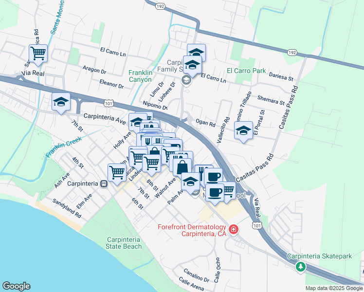 map of restaurants, bars, coffee shops, grocery stores, and more near 1180 Eugenia Place in Carpinteria