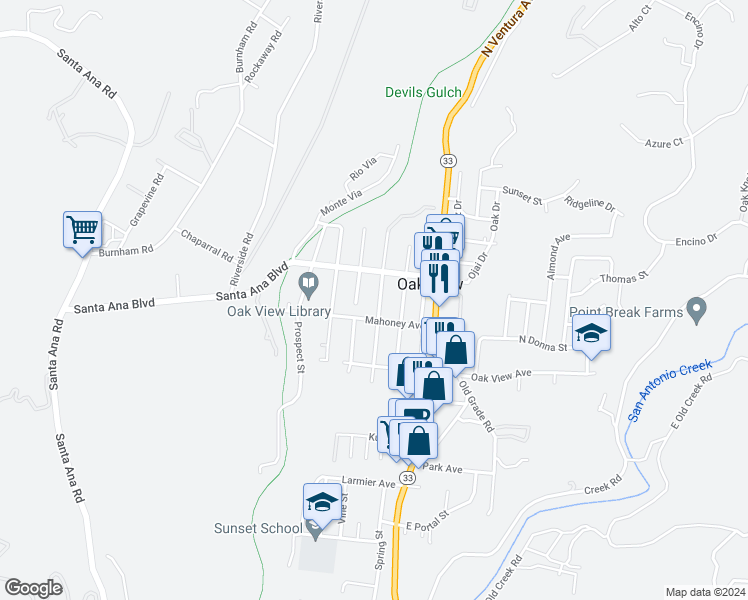 map of restaurants, bars, coffee shops, grocery stores, and more near 155 Olive Street in Oak View