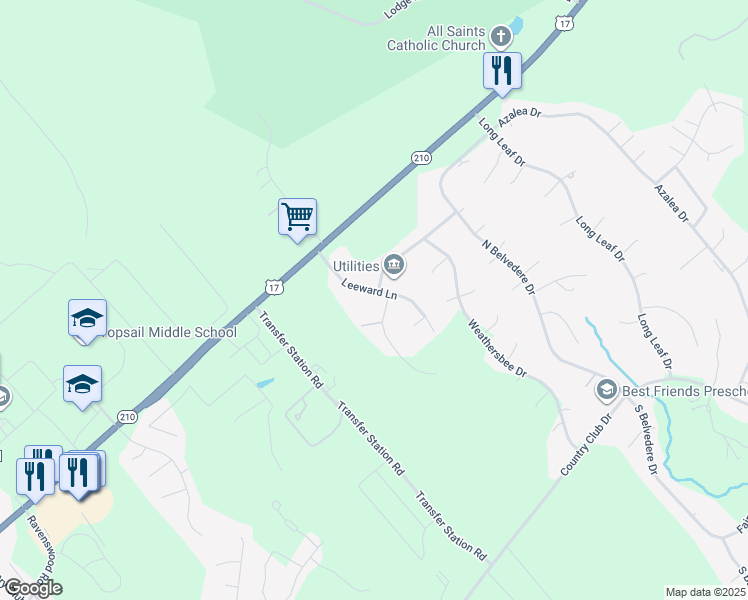 map of restaurants, bars, coffee shops, grocery stores, and more near 134 Leeward Lane in Hampstead