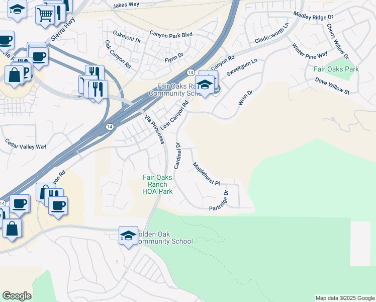 map of restaurants, bars, coffee shops, grocery stores, and more near 17942 Maplehurst Place in Santa Clarita