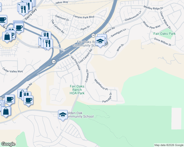 map of restaurants, bars, coffee shops, grocery stores, and more near 17942 Maplehurst Place in Santa Clarita