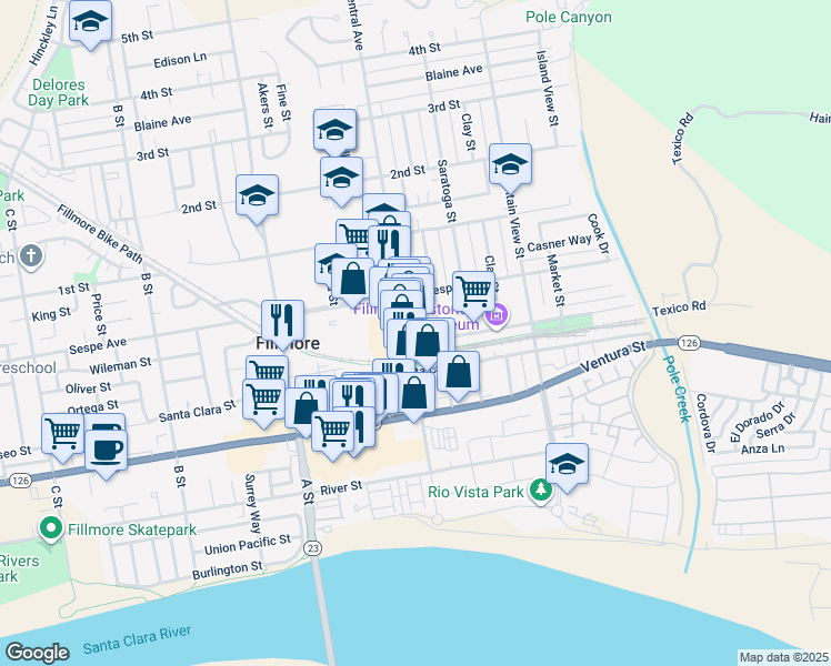 map of restaurants, bars, coffee shops, grocery stores, and more near 437 Main Street in Fillmore
