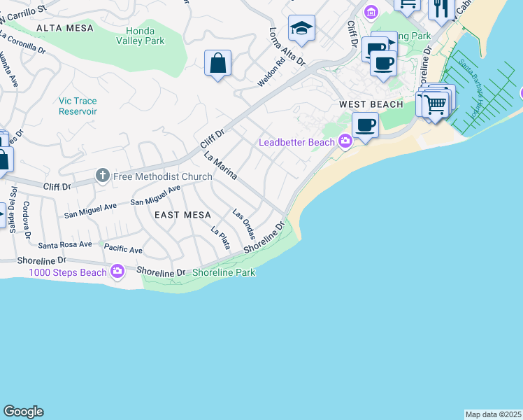 map of restaurants, bars, coffee shops, grocery stores, and more near 1205 Del Mar Avenue in Santa Barbara
