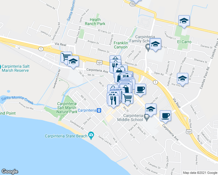 map of restaurants, bars, coffee shops, grocery stores, and more near 838 Holly Avenue in Carpinteria