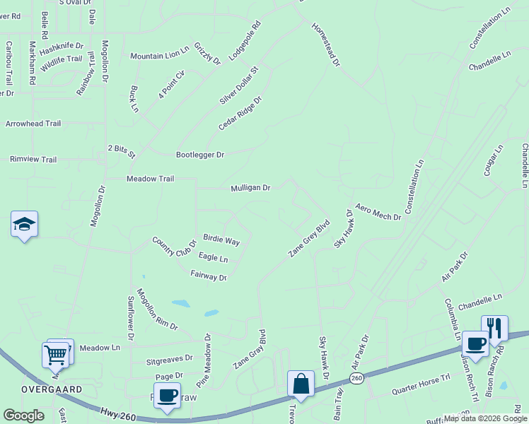 map of restaurants, bars, coffee shops, grocery stores, and more near 2258 Bogey Place in Navajo County