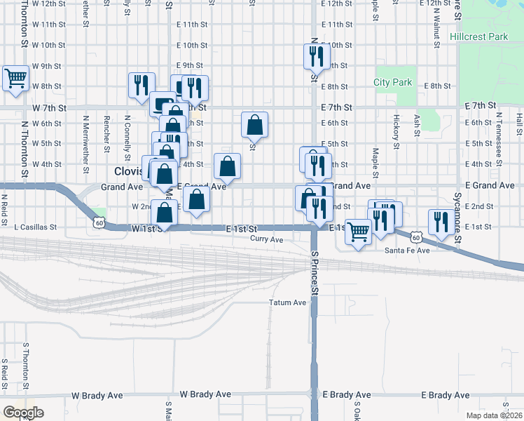 map of restaurants, bars, coffee shops, grocery stores, and more near 121 Wallace Street in Clovis