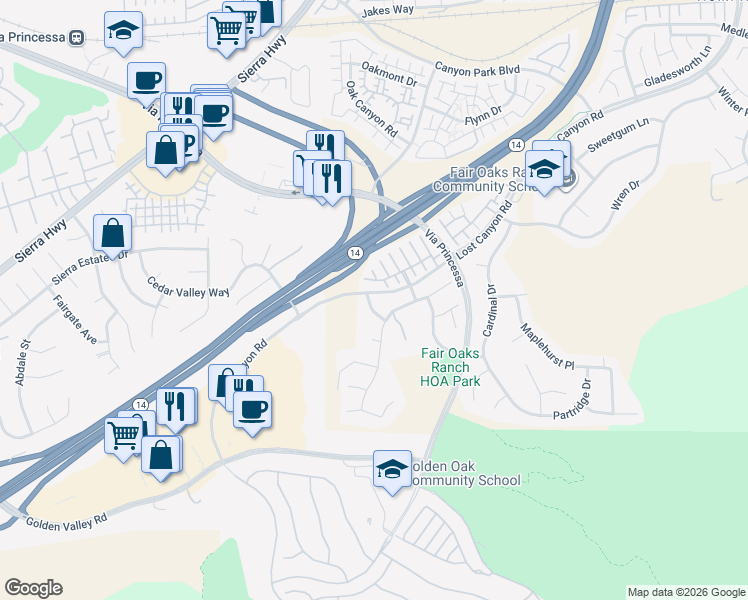 map of restaurants, bars, coffee shops, grocery stores, and more near 26536 Brant Way in Santa Clarita