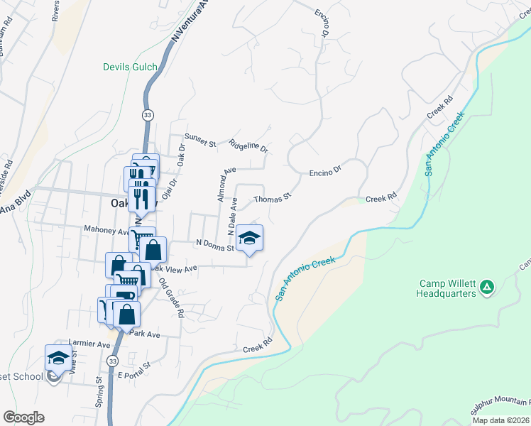 map of restaurants, bars, coffee shops, grocery stores, and more near 649 East Katherine Avenue in Oak View