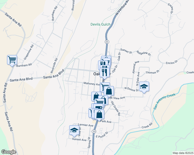 map of restaurants, bars, coffee shops, grocery stores, and more near 136 Apricot St in Oak View