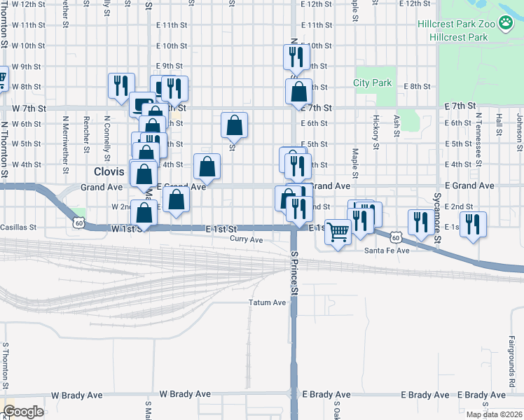 map of restaurants, bars, coffee shops, grocery stores, and more near 611 East 2nd Street in Clovis