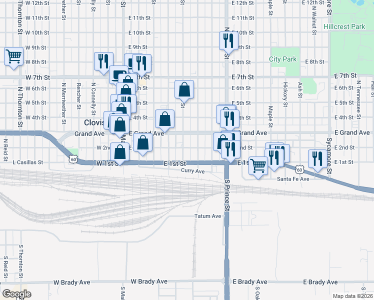 map of restaurants, bars, coffee shops, grocery stores, and more near 121 Wallace Street in Clovis