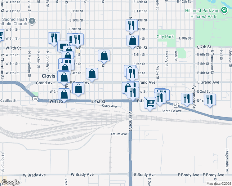 map of restaurants, bars, coffee shops, grocery stores, and more near 611 East 2nd Street in Clovis