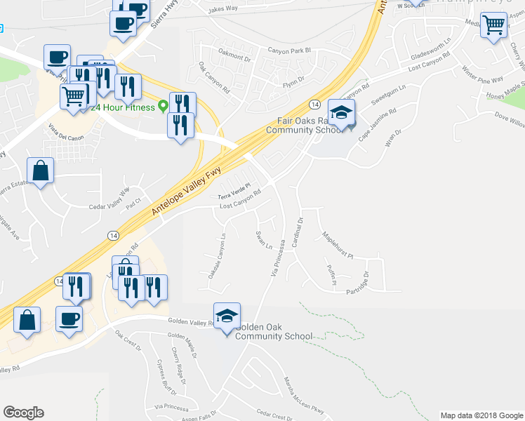 map of restaurants, bars, coffee shops, grocery stores, and more near 26574 Oakdale Canyon Lane in Santa Clarita