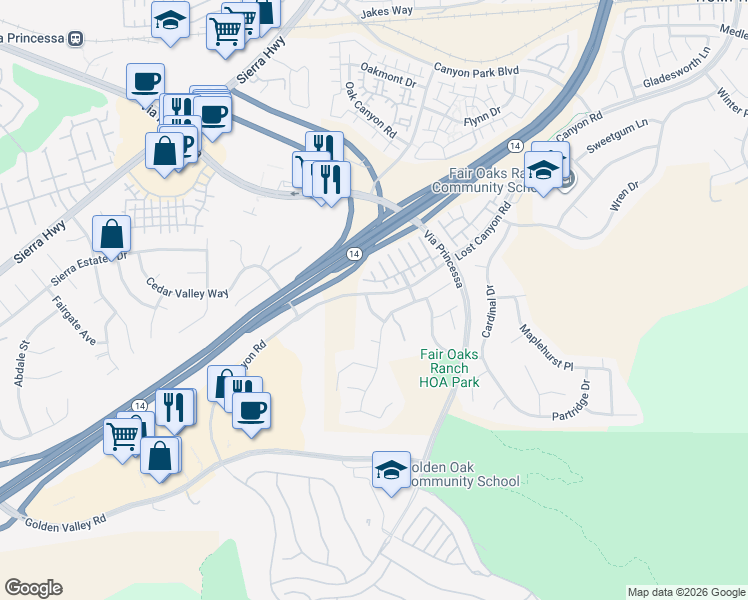 map of restaurants, bars, coffee shops, grocery stores, and more near 26536 Brant Way in Santa Clarita