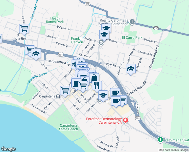 map of restaurants, bars, coffee shops, grocery stores, and more near 1103 Eugenia Place in Carpinteria