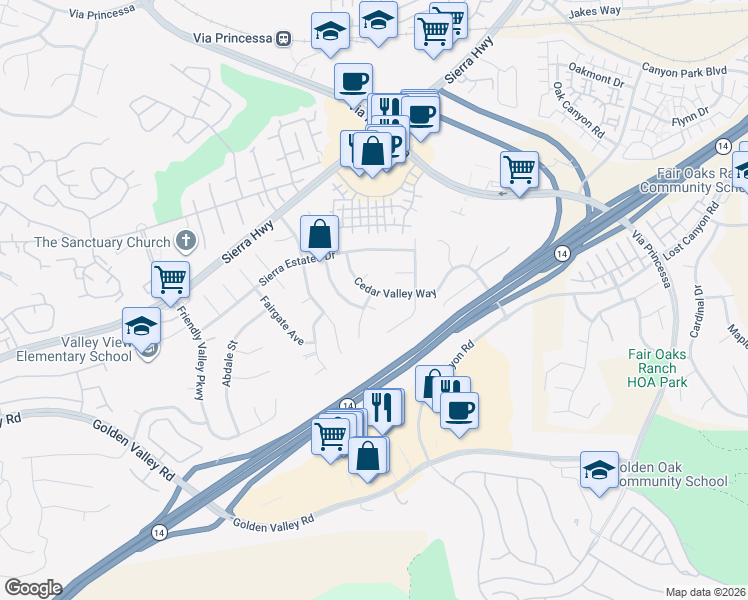 map of restaurants, bars, coffee shops, grocery stores, and more near 18848 Cedar Valley Way in Santa Clarita