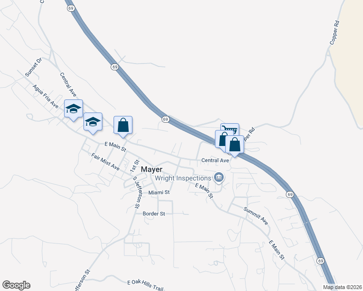 map of restaurants, bars, coffee shops, grocery stores, and more near 13030 East Central Avenue in Mayer