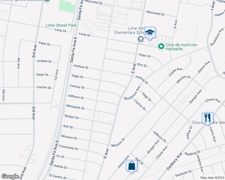 map of restaurants, bars, coffee shops, grocery stores, and more near 16670 Cactus Street in Hesperia