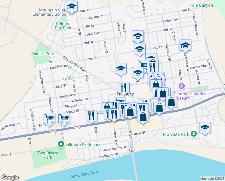 map of restaurants, bars, coffee shops, grocery stores, and more near 744 Sespe Avenue in Fillmore