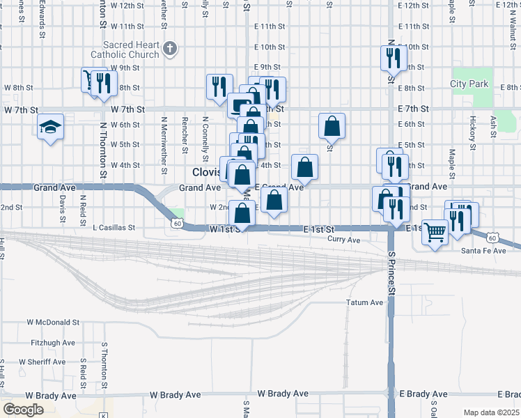 map of restaurants, bars, coffee shops, grocery stores, and more near 113 East 2nd Street in Clovis