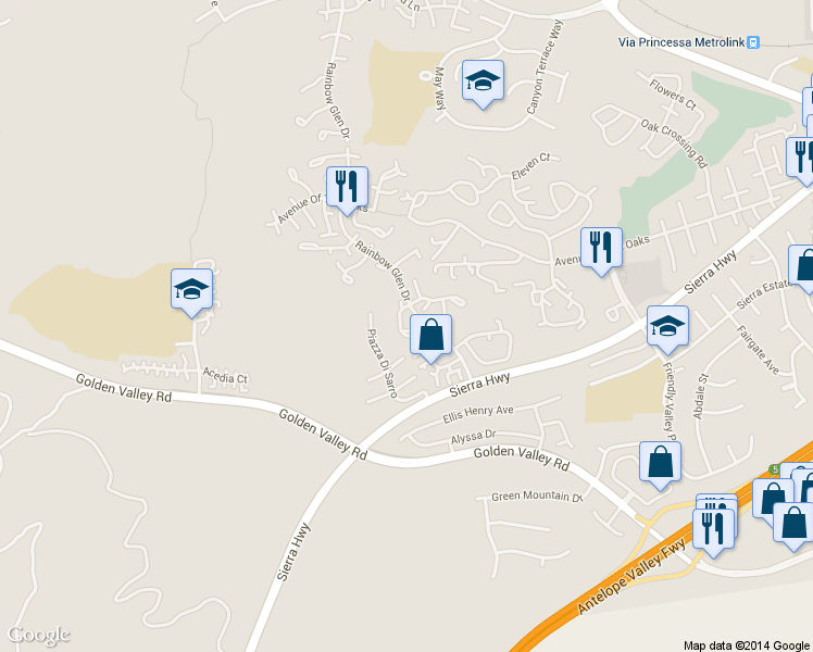map of restaurants, bars, coffee shops, grocery stores, and more near 26109 Rainbow Glen Drive in Santa Clarita