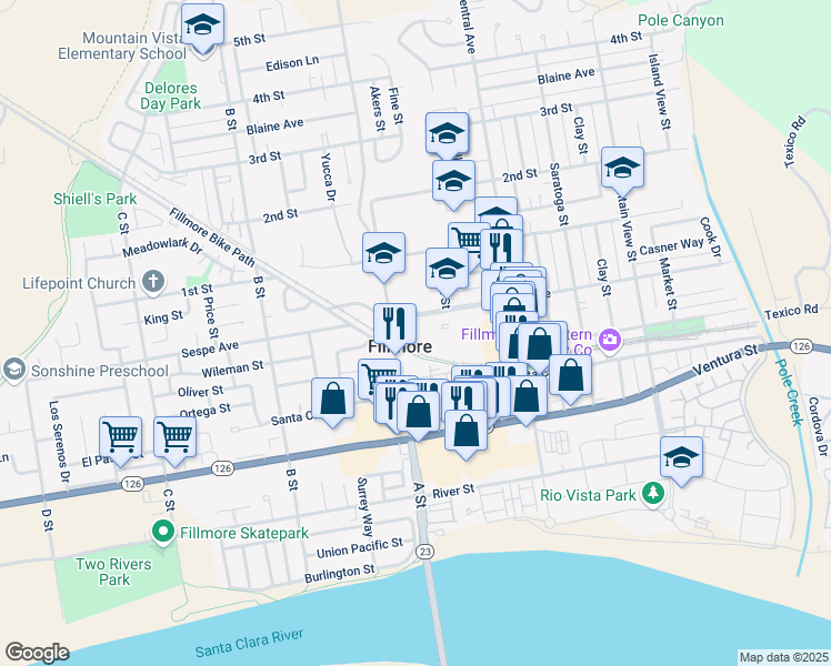 map of restaurants, bars, coffee shops, grocery stores, and more near 616 Sespe Avenue in Fillmore