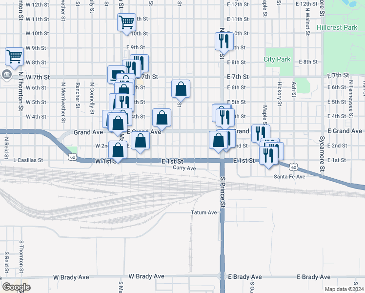 map of restaurants, bars, coffee shops, grocery stores, and more near 121 Wallace Street in Clovis