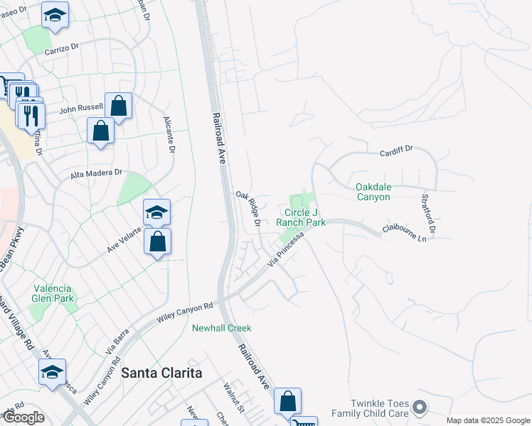map of restaurants, bars, coffee shops, grocery stores, and more near 22900 Oak Ridge Drive in Santa Clarita
