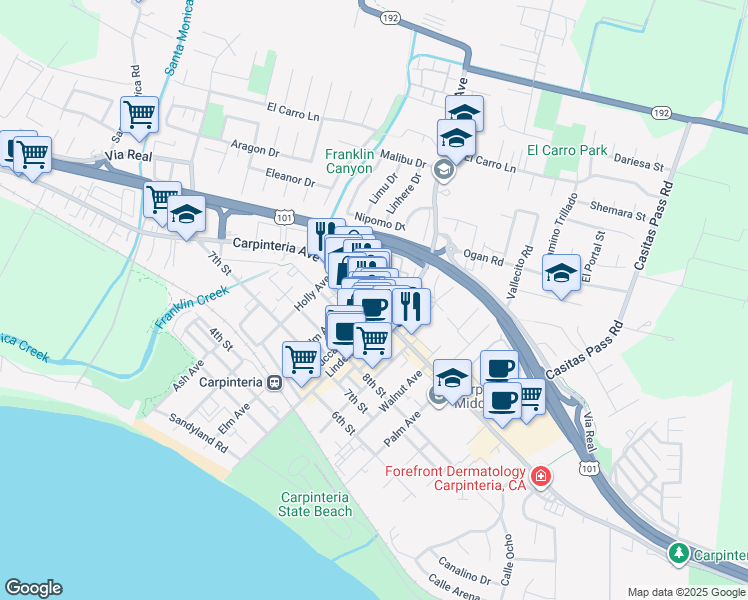 map of restaurants, bars, coffee shops, grocery stores, and more near in Carpinteria
