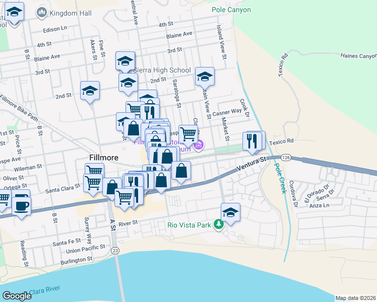 map of restaurants, bars, coffee shops, grocery stores, and more near 365 Main Street in Fillmore