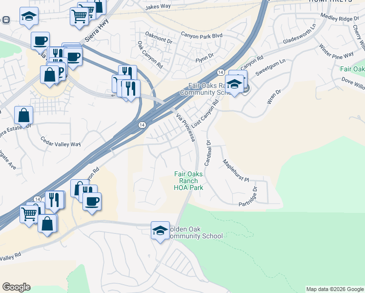 map of restaurants, bars, coffee shops, grocery stores, and more near 26574 Oakdale Canyon Lane in Santa Clarita