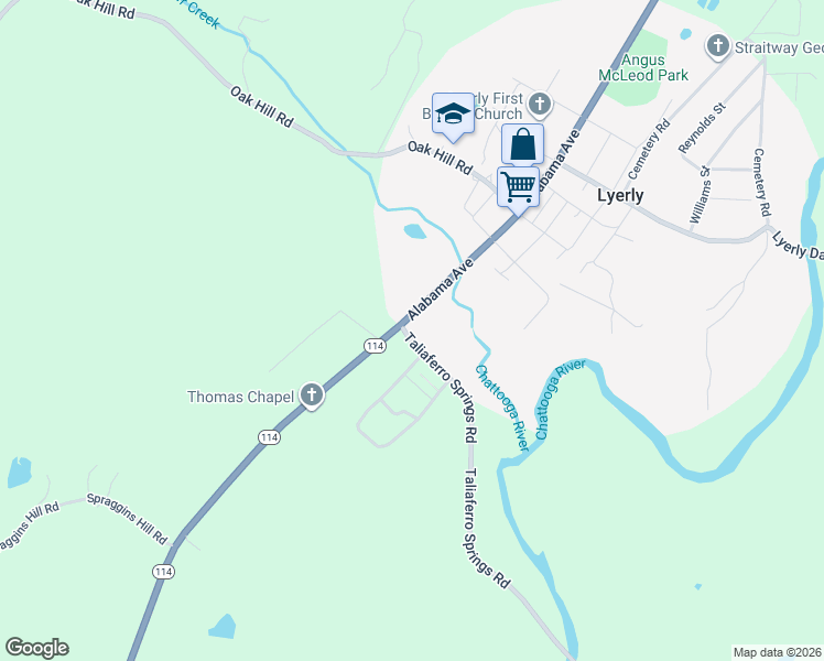 map of restaurants, bars, coffee shops, grocery stores, and more near 7 Taliaferro Springs Road in Lyerly