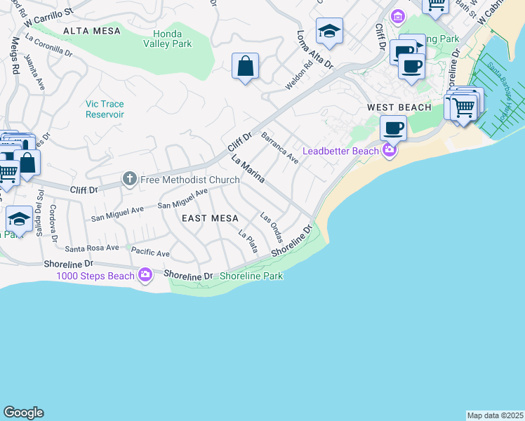 map of restaurants, bars, coffee shops, grocery stores, and more near 148 Las Ondas in Santa Barbara