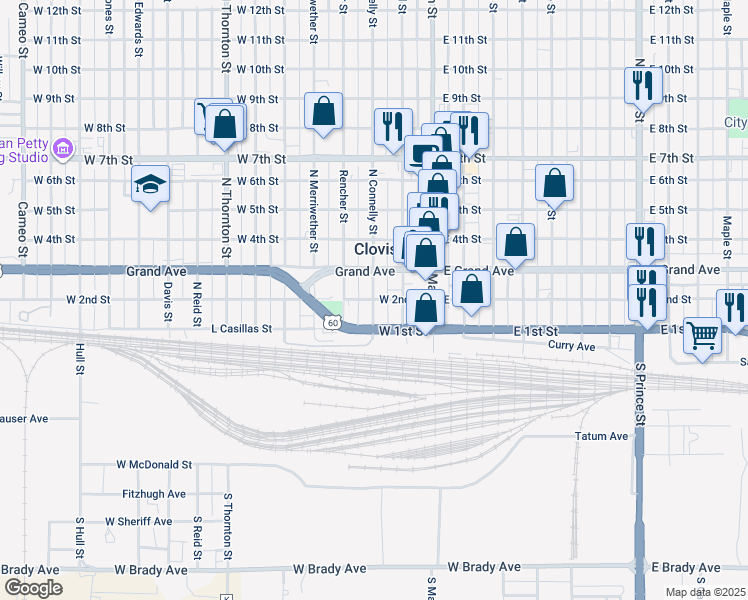 map of restaurants, bars, coffee shops, grocery stores, and more near 201 North Connelly Street in Clovis
