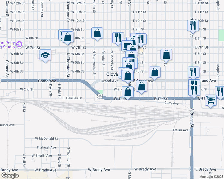 map of restaurants, bars, coffee shops, grocery stores, and more near 200 North Connelly Street in Clovis