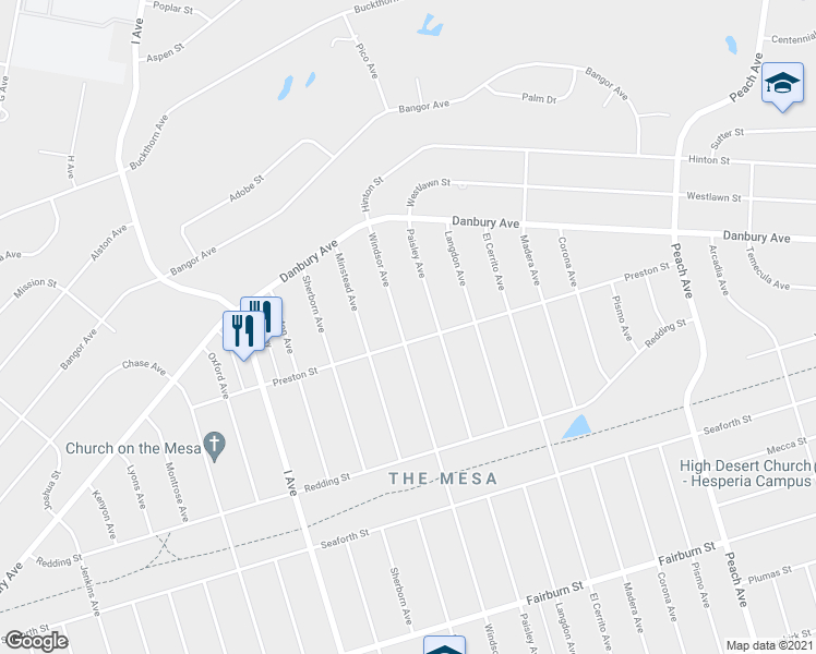 map of restaurants, bars, coffee shops, grocery stores, and more near 8167 Windsor Avenue in Hesperia