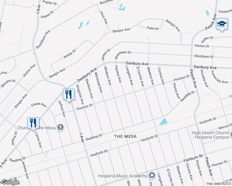 map of restaurants, bars, coffee shops, grocery stores, and more near 8167 Windsor Avenue in Hesperia