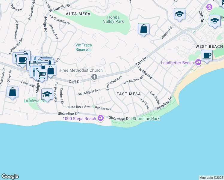 map of restaurants, bars, coffee shops, grocery stores, and more near 261 Los Alamos Avenue in Santa Barbara