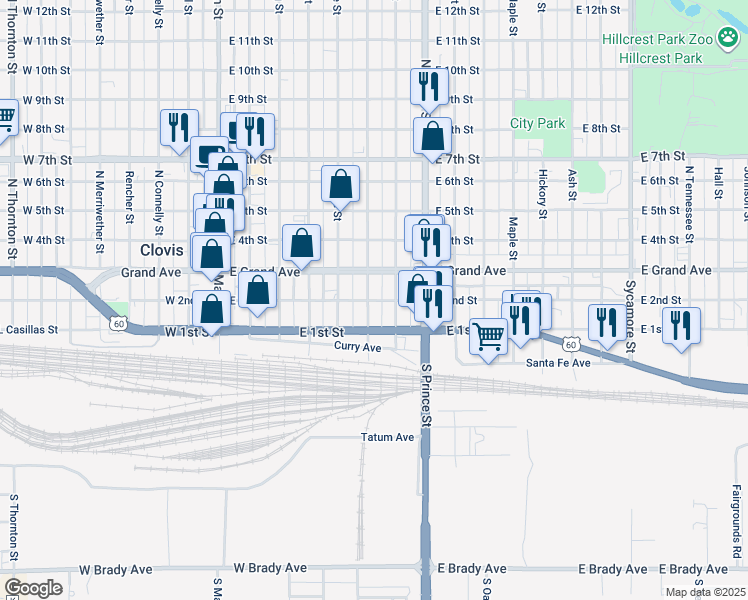 map of restaurants, bars, coffee shops, grocery stores, and more near 613 E 2nd St in Clovis