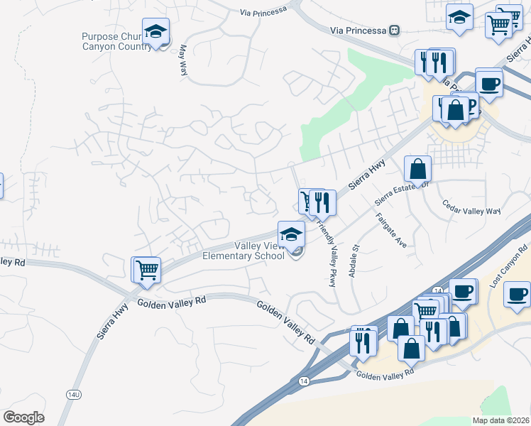 map of restaurants, bars, coffee shops, grocery stores, and more near 26333 Oakspur Drive in Santa Clarita