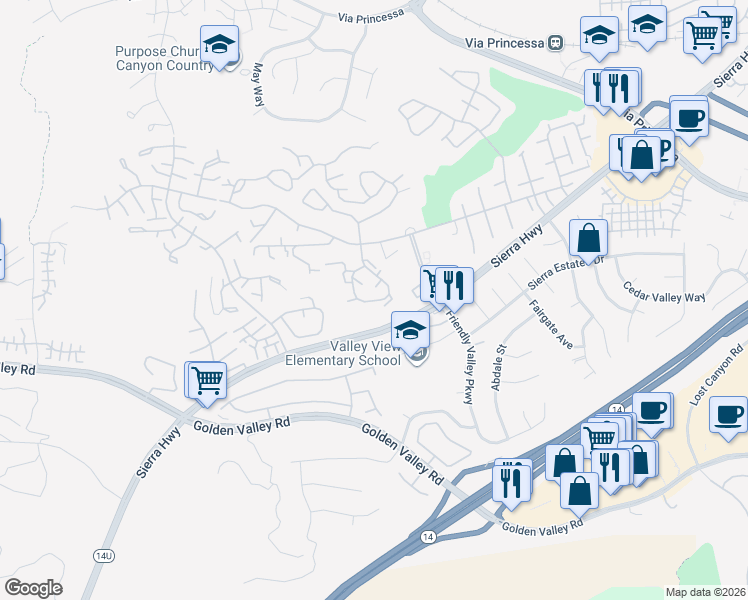 map of restaurants, bars, coffee shops, grocery stores, and more near 26333 Oakspur Drive in Santa Clarita