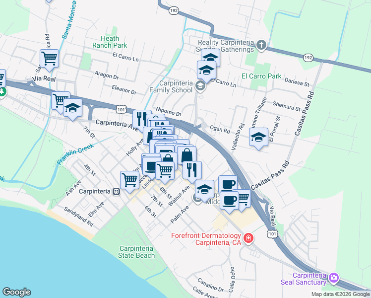 map of restaurants, bars, coffee shops, grocery stores, and more near 1103 Eugenia Place in Carpinteria