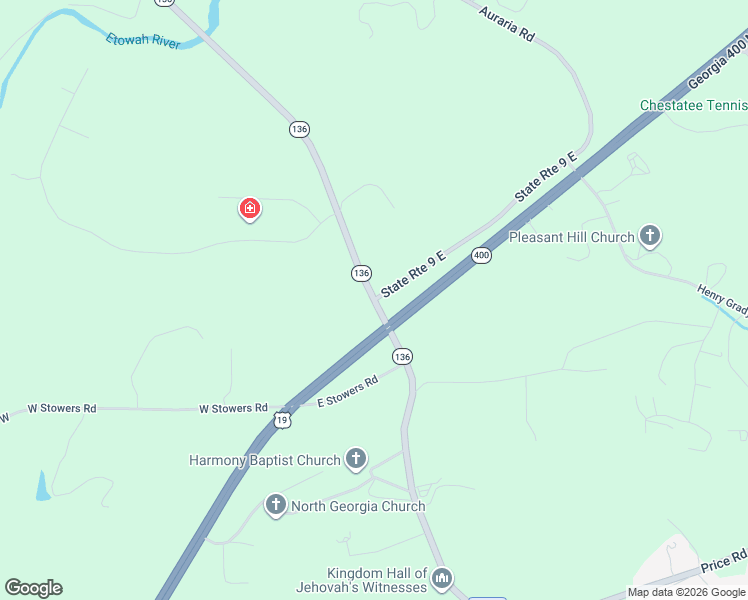 map of restaurants, bars, coffee shops, grocery stores, and more near Harmony Church Road in Dawsonville