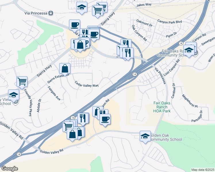 map of restaurants, bars, coffee shops, grocery stores, and more near 18642 Pad Court in Santa Clarita