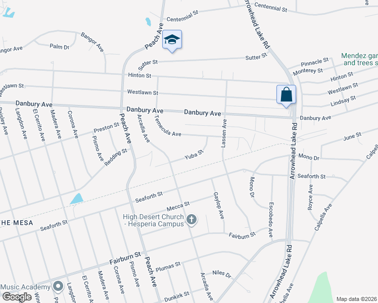 map of restaurants, bars, coffee shops, grocery stores, and more near 18550 Yuba Street in Hesperia