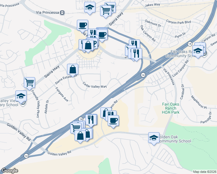 map of restaurants, bars, coffee shops, grocery stores, and more near 18665 Pad Court in Santa Clarita
