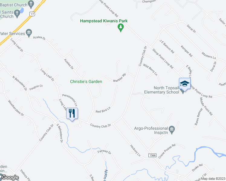 map of restaurants, bars, coffee shops, grocery stores, and more near 141 Red Bird Lane in Hampstead