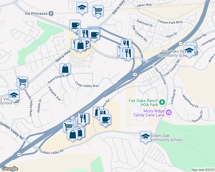 map of restaurants, bars, coffee shops, grocery stores, and more near 18642 Pad Court in Santa Clarita