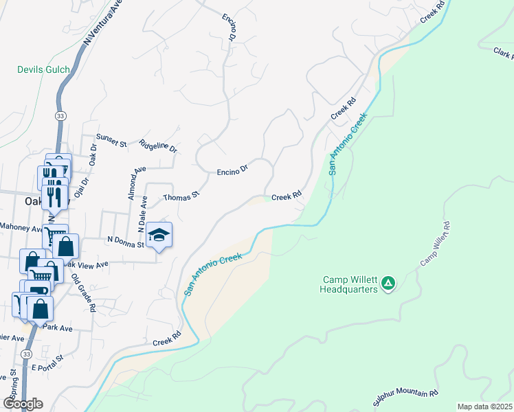 map of restaurants, bars, coffee shops, grocery stores, and more near 10484 Creek Road in Oak View